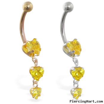 14K Gold belly ring with triple heart yellow CZ dangle