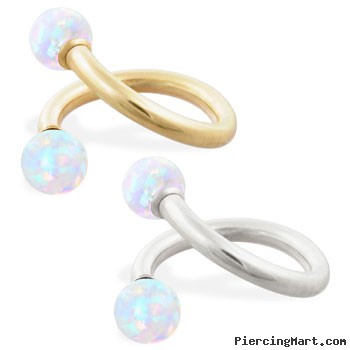 14K Gold twister barbell with White opal balls , 14ga