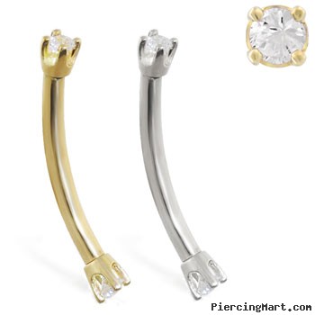 14K Gold internally threaded curved barbell with clear CZ gems