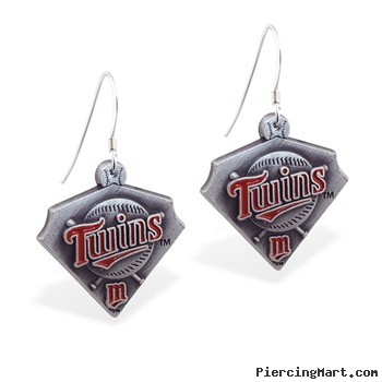 Mspiercing Sterling Silver Earrings With Official Licensed Pewter MLB Charms, Minnesota Twins