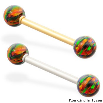 14K Gold straight barbell with Rainbow opal balls