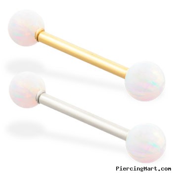 14K Gold straight barbell with White opal balls