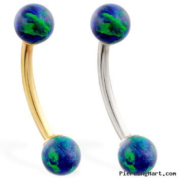 14K Gold curved barbell with Blue Green opal balls