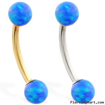 14K Gold curved barbell with Blue opal balls