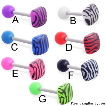 Straight barbell with acrylic ball and tiger print square top, 14 ga
