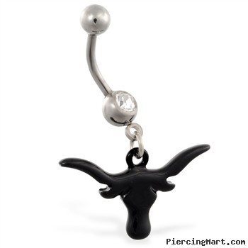 Belly ring with dangling black coated bull