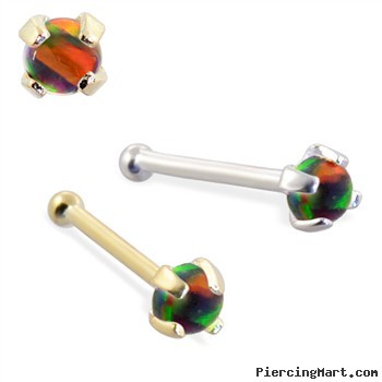 14K Gold Nose Bone with 2mm Round Rainbow Opal
