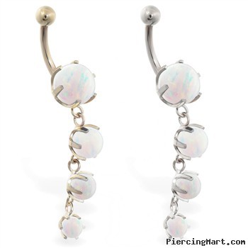 14K Gold belly ring with quadruple white opal dangle
