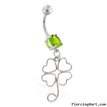 Belly ring with dangling four leaf clover outline