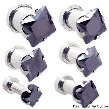 Pair Of Steel Screw-Fit Plugs with Black Square CZ