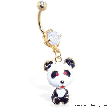 Gold Tone navel ring with dangling jeweled panda
