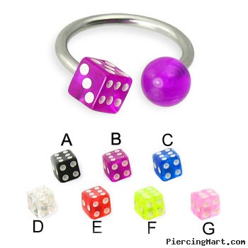 Circular horseshoe barbell with acrylic dice and ball, 16 ga