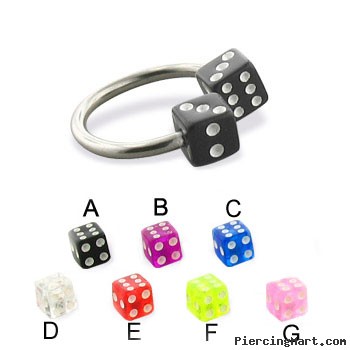 Circular horseshoe barbell with acrylic dice, 16 ga