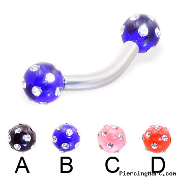 Curved barbell with multi-gem acrylic colored balls, 10 ga