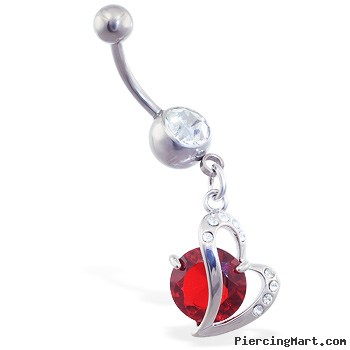 Belly ring with dangling curved heart and large red gem