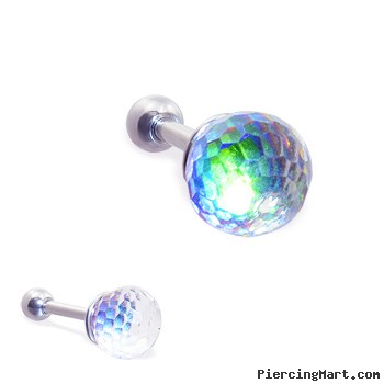 Steel cartilage barbell with rainbow anodized crystal ball, 16 ga