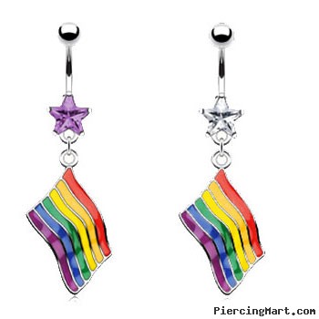 Belly ring with dangling gay pride rainbow flag