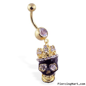 Gold Tone belly ring with dangling jeweled crowned black skull