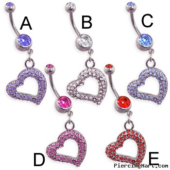 Navel ring with dangling gem paved heart