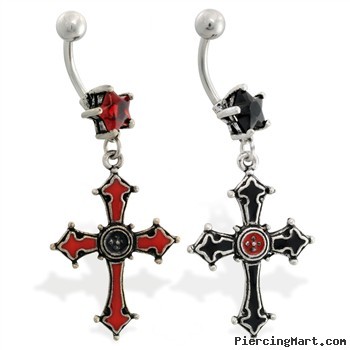Jeweled star belly ring with dangling pewter gothic cross