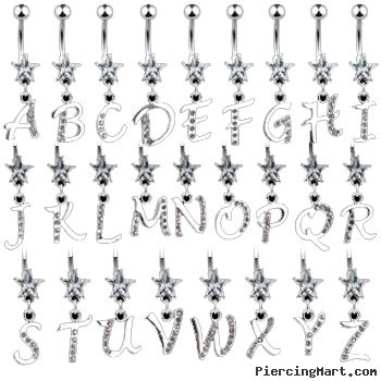 Jeweled star belly ring with dangling jeweled letter