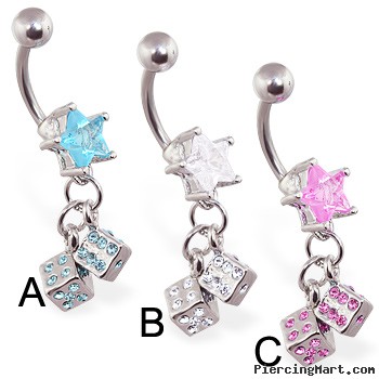 Jeweled star belly ring with dangling jeweled dice