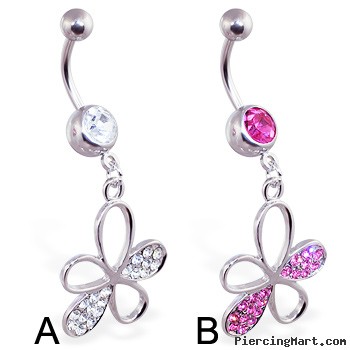 Belly ring with dangling gem paved flower