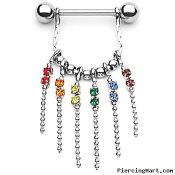Nipple Ring With Dangling Chains With Rainbow Gems, 14 Ga