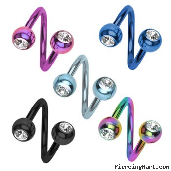 Titanium anodized twister barbell with jeweled balls, 14 ga
