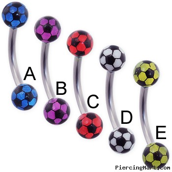 Curved barbell with colored acrylic soccer balls, 16 ga