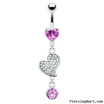Belly ring with dangling jewel paved heart and gem