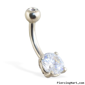 14K white gold belly button ring with round stone and jeweled top ball