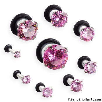 Pair Of Stainless Steel Hollow Plugs with Large Pink Gem