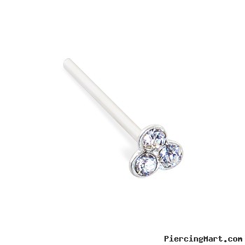 Silver nose stud with small clear jeweled clover and long tail for custom bend, 22 ga