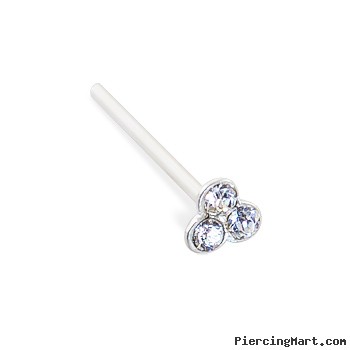 Silver nose stud with small clear jeweled clover and long tail for custom bend, 20 ga