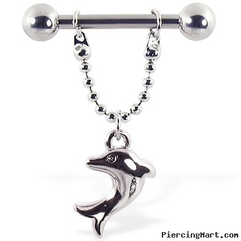 Nipple ring with dangling dolphin, 12 ga or 14 ga