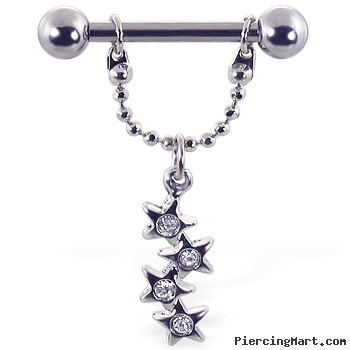 Nipple ring with jeweled stars on chain, 12 ga or 14 ga