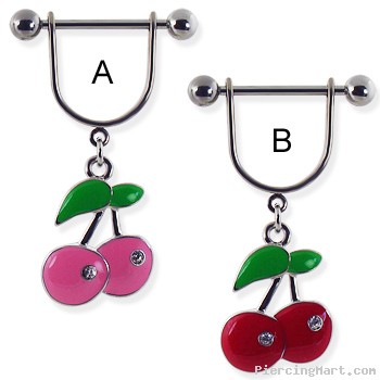 Nipple ring with dangling cherries with gems