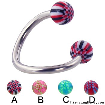 Spiral barbell with acrylic checkered balls, 12 ga