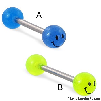 Straight barbell with smiley face glow-in-the-dark logo balls, 14 ga