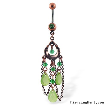 Belly Button Ring with Dangling Green Antique Looking Chandelier