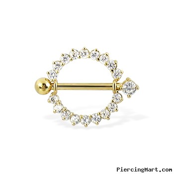 14K Real Yellow Gold Gemmed Nipple Ring With Jeweled Barbell, 14 Ga
