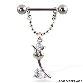 Nipple ring with jeweled flower on chain, 12 ga, 14 ga, or 16 ga
