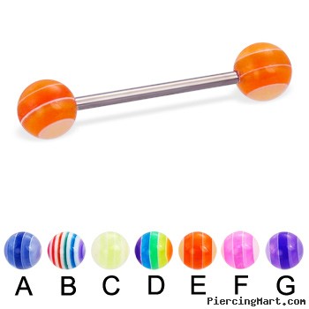 Titanium straight barbell with acrylic layered balls, 16 ga