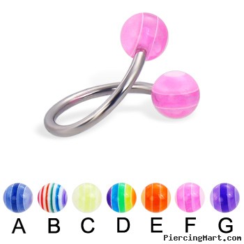Spiral barbell with acrylic layered balls, 16 ga