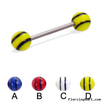 Titanium straight barbell with double striped balls, 16 ga