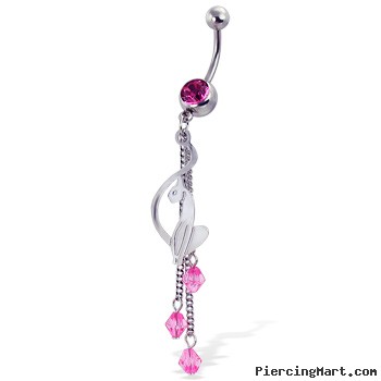 Belly button ring with dangling cat and three gems on chains