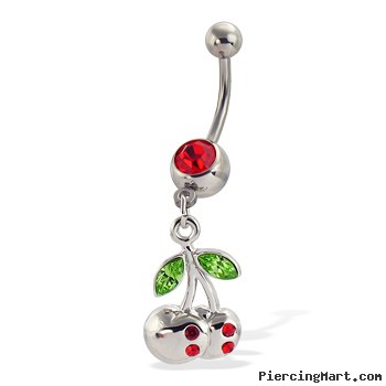 Belly button ring with dangling jeweled cherry