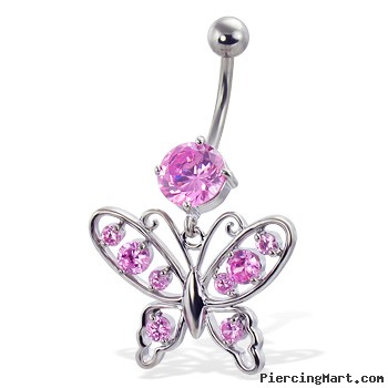 Belly button ring with round gem and jeweled butterfly