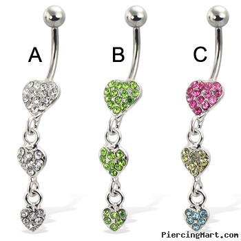 Three jeweled hearts belly button ring